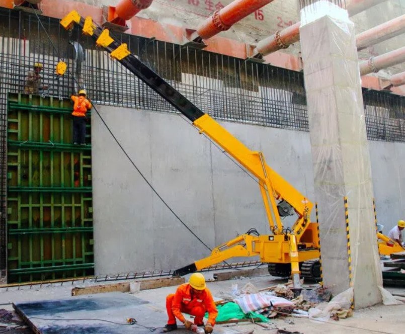 Using yellow mini crane to build interiors for an edifice in United States